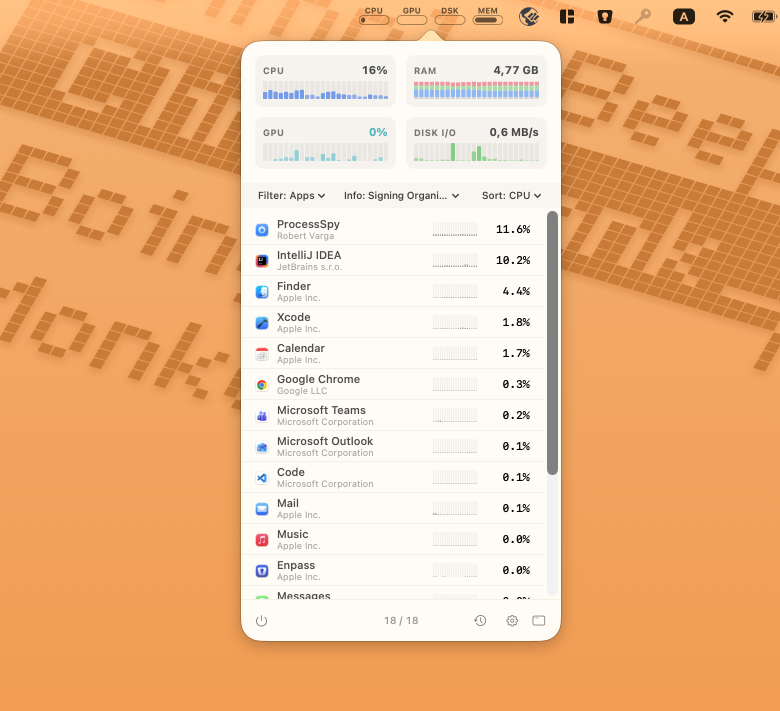 Menu bar dashboard showing real-time system health monitoring in ProcessSpy