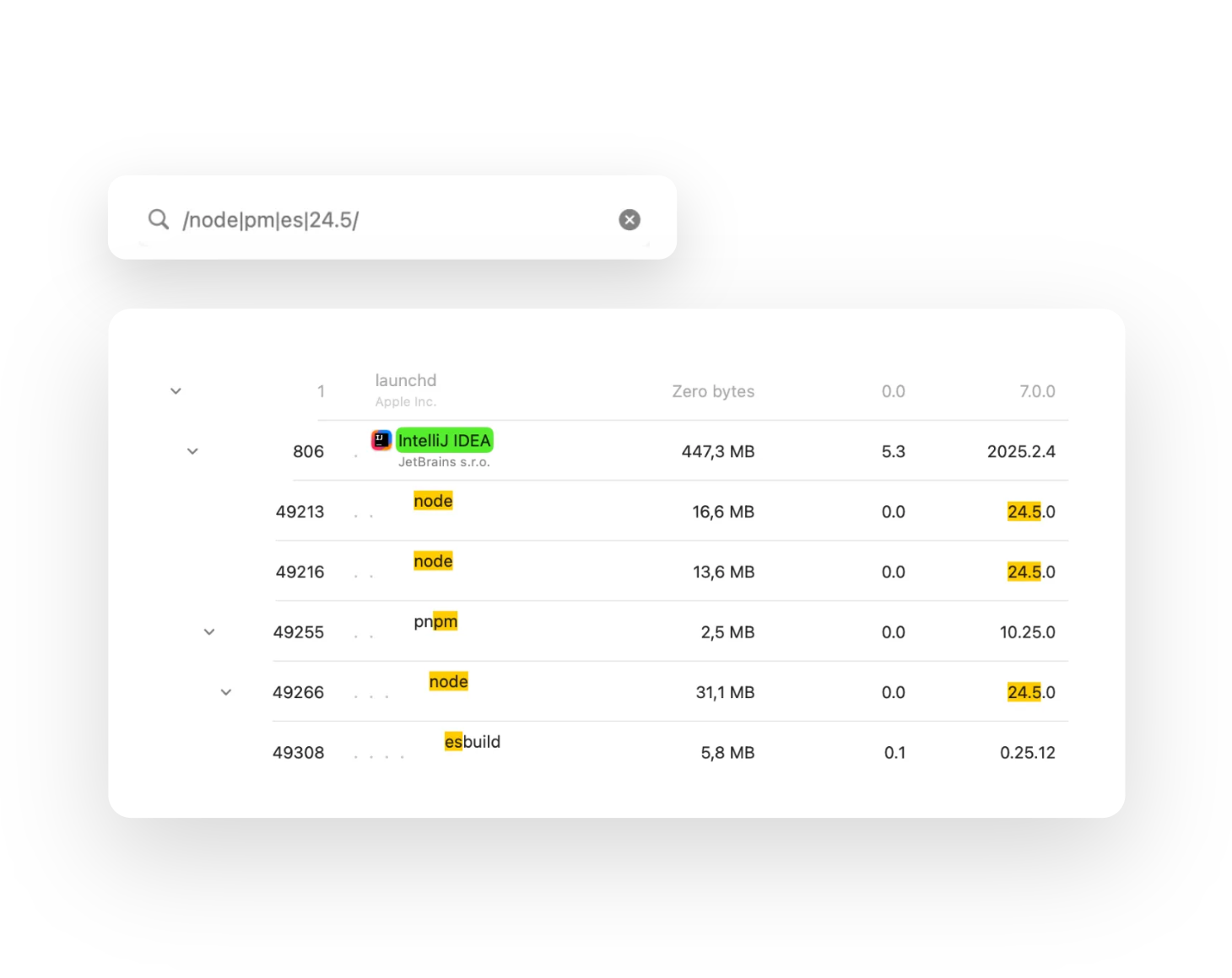 Multi-property and regex search in ProcessSpy filtering processes by name and command line
