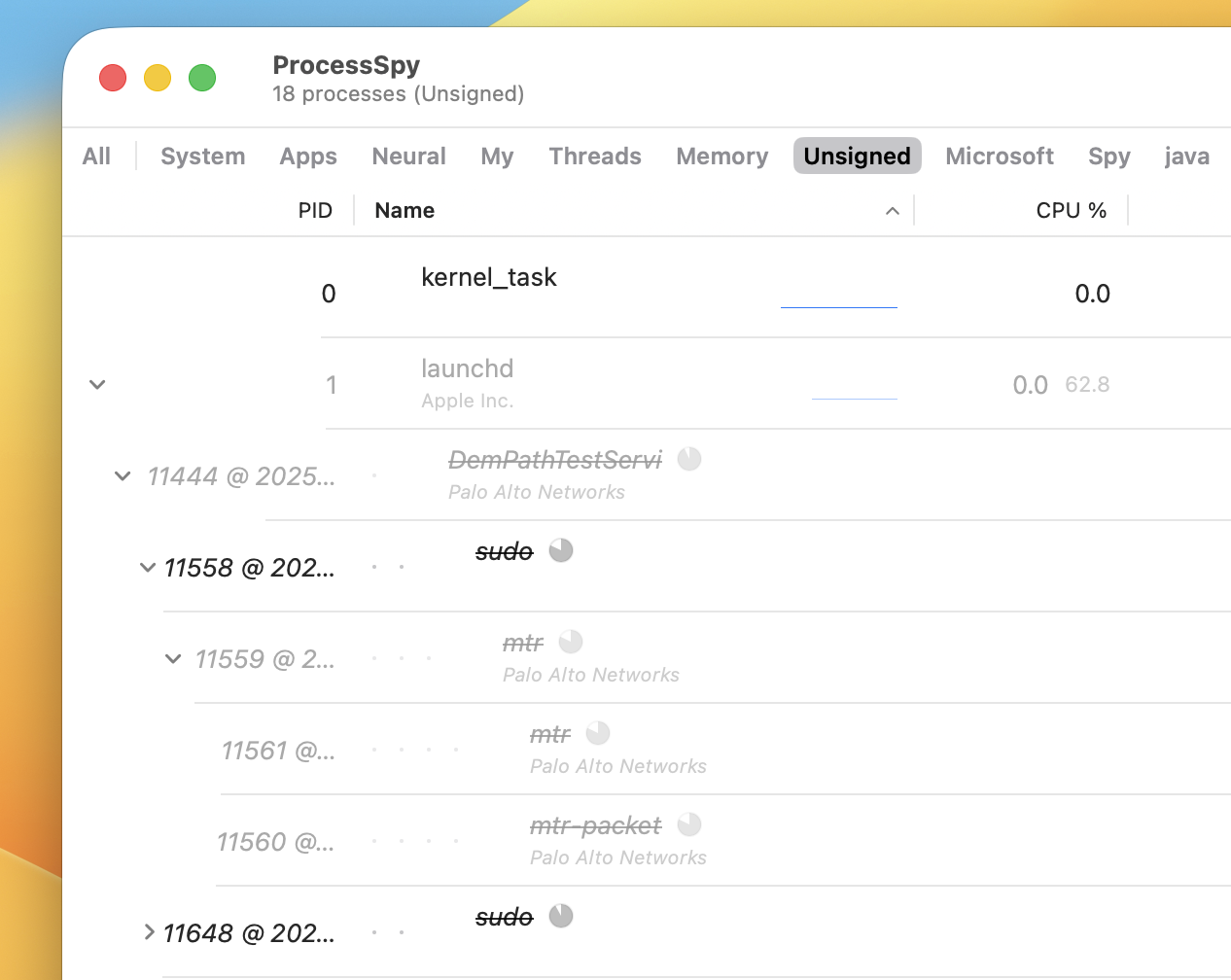 ProcessSpy remembering finished processes with their command line arguments and metadata